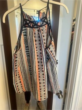 Blue + Coral Striped Aztec Halter Tank with Lattice Neckline